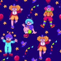 Obraz na płótnie Canvas Circus clowns and various festive elements seamless pattern. Vector bright children's pattern with the image of happy cartoon clowns