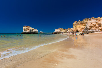 Aerial view of Praia dos Tres Irmaos beach, Alvor, Algarve, Portugal