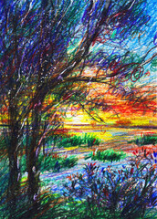 Obraz na płótnie Canvas Beautiful sunset over the lake. Romantic landscape. Lake shore. Handwork pattern with colored watercolor pencils. Drawing to print the book.