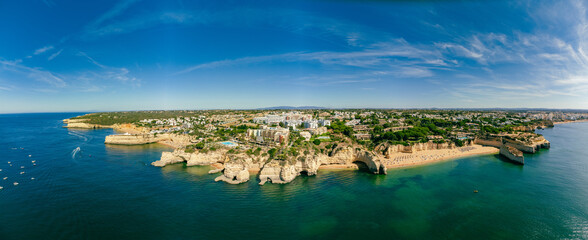 Aerial drone panoramic views of Praia Nova and Praia de Nossa, Algarve, Portugal