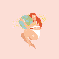 Image of a girl with vitiligo disease embracing the planet earth. The concept of accepting yourself and your bodies