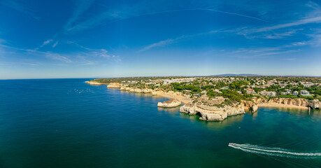 Aerial drone panoramic views of Praia Nova and Praia de Nossa, Algarve, Portugal