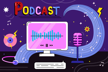 Image of recording equipment, computer and microphone. Podcast recording and lifestyle concept