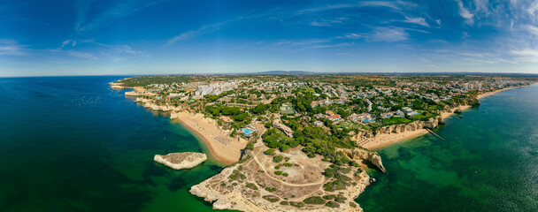 Aerial drone panoramic views of Praia Nova and Praia de Nossa, Algarve, Portugal