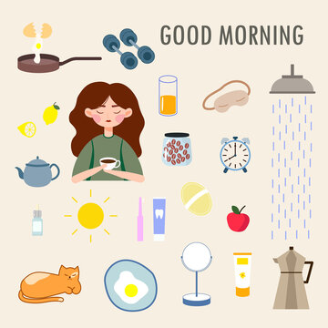Images of the elements of the morning routine. Face cream, toothbrush, coffee, shower, breakfast, scrambled eggs, mirror, light. Morning rituals and lifestyle concept