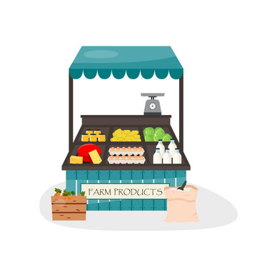 Image of a counter with farm products and natural products. Organic products, milk, eggs, honey, carrots, potatoes, etc. Local Producers Support Concept