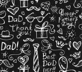 Seamless Pattern for Father's Day. Holiday Symbols Drawn in White Chalk on Black Schoolboard Background Stylization. Vector Illustration.