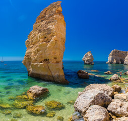 Aerial views of Praia da Marinha and Malhada do Baraco - beaches in Algarve, Portugal