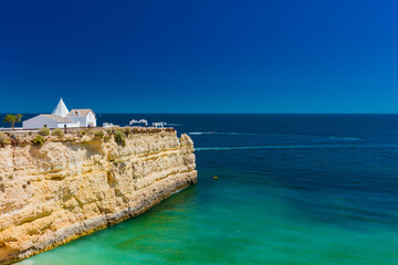 Aerial drone panoramic views of Praia Nova and Praia de Nossa, Algarve, Portugal