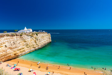 Aerial drone panoramic views of Praia Nova and Praia de Nossa, Algarve, Portugal
