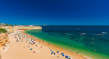 Aerial drone panoramic views of Praia Nova and Praia de Nossa, Algarve, Portugal