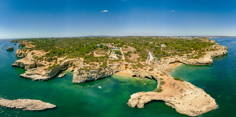 Obraz premium Aerial view of the Albandeira Beach (Praia da Albandeira) in Lagoa, Algarve, Portugal