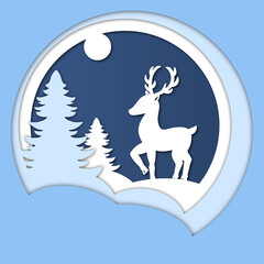 Christmas postcard silhouette of a deer in the forest. Paper cut style illustration