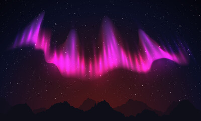 Realistic northern pink lights, Night sky and amazing polar lights vector illustration.
