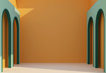 Minimal interior. 3d render illustration in modern geometric style. Orange colors background for banners for product presentation. Abstract composition.