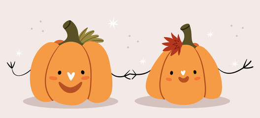 Two pumpkins in love hold hands. Cute picture for Halloween.