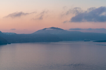 Sunrise landscapes over the Aegean Sea with volcanic mountain