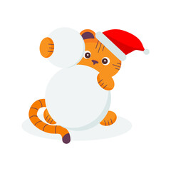 Cute little tiger in the red cap making a snowman. White background. Vector illustration 