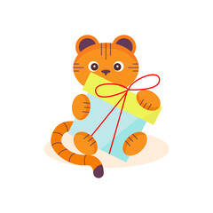 Cute little tiger with the  Christmas gift box in the hands. White background. Vector illustration