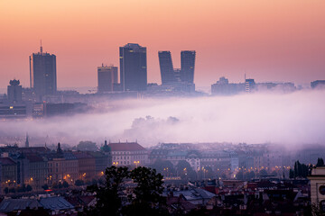 Amazing foggy view in Prague, Pankrac district in the background. Czech republic