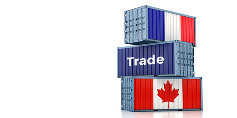 Fototapeta na wymiar Shipping containers with France and Canada flag. 3D Rendering 