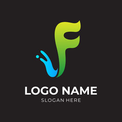 letter F and splash logo template with flat green and blue color style