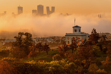 Amazing foggy view in Prague, Pankrac district in the background. Czech republic