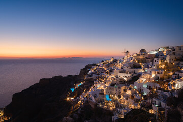 Sunset landscapes of the village Oia in Santorini Island in Greece