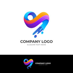 heart logo with splash water design template combination, 3d colorful style