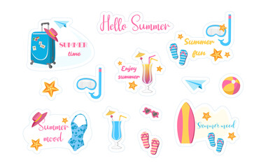Set of vector summer stickers with quotes. Collection of elements for scrapbooking. Сocktail, swimsuit, bag, ice cream, beach hat. Hello Summer stickers pack