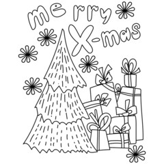 Merry Xmas, Greeting card festive coloring page with christmas tree and gifts