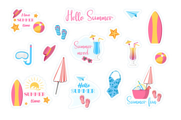Set of vector summer stickers with quotes. Collection of elements for scrapbooking. Сocktail, swimsuit, bag, ice cream, beach hat. Hello Summer stickers pack