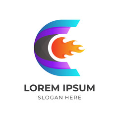 C logo with fire design illustration, 3d colorful style