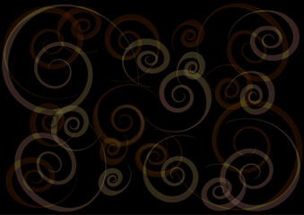 Gentle chaotically arranged spiral figures on a dark background. 3d.