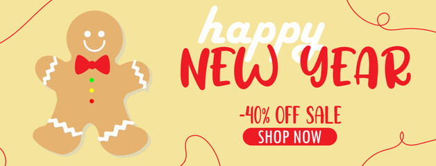 Merry Christmas and Happy New Year 2022 horizontal banner, gingerbread Man, -40 sale, discount