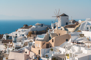 Fototapeta na wymiar Landscapes and the architectural buildings in the village of Oia in Santorini Island in Greece