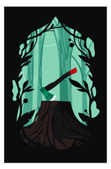 Ax in the stump. Forest. Deforestation, ecology. Vector illustration.