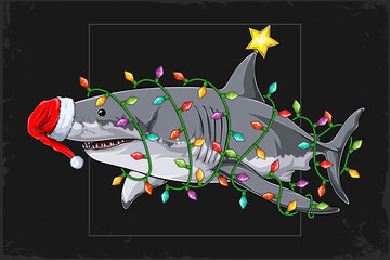 Christmas Great white Shark wearing Santa Claus hat and surrounded by Christmas tree lights