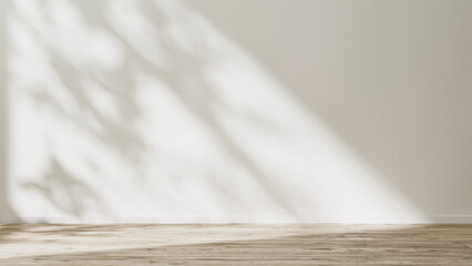 empty room mock up with wooden floor and empty white wall with sunlight and leaves shadow, 3d rendering