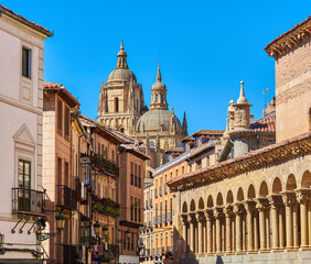 Domes of the Cathedral of Segovia with the Juan Bravo street and the atrium of the Romanesque...