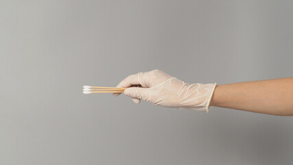 Cotton sticks for swab test in hand with white medical gloves on grey background.