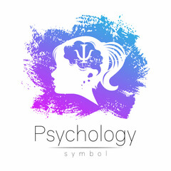 Modern logo Kid Girl head and letter Psi inside brain . Logotype sign of Psychology. Profile Human. Blue color isolated on white. Creative style. Symbol in vector. Design concept.