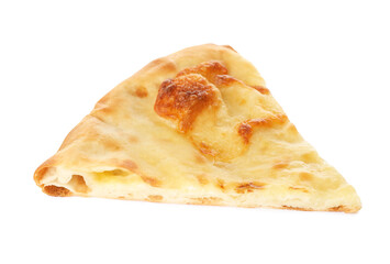 Piece of delicious khachapuri with cheese on white background