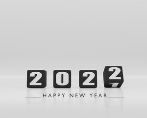 Black and white Happy New Year. 2022 cubes on white background. 3D render minimalism illustration with copy space.