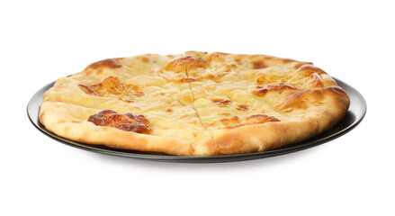 Delicious khachapuri with cheese on white background