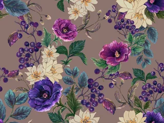 Badezimmer Foto Rückwand Beautiful fall winter deep blooming  flowers ,berries in the winter season seamless pattern design isolated on mauve gray color © HoyaBouquet