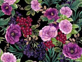Obraz na płótnie Canvas Beautiful fall winter deep blooming flowers ,coffee tree in the winter season seamless pattern design isolated on black