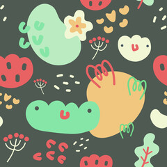 Vector seamless pattern with frog, flowers, confetti, berries, leaves and grass. Modern vector texture on a beautiful dark brown gray background. Textile, wrapping paper, decoration, packaging.