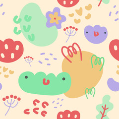 Vector seamless pattern with frog, flowers, confetti, berries, leaves and grass. Modern vector texture with soft colors on a light warm yellow background. Textile, gift wrapping paper, decoration