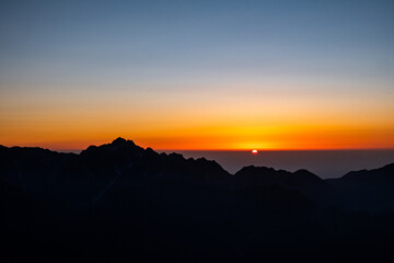 山のシルエットと夕日